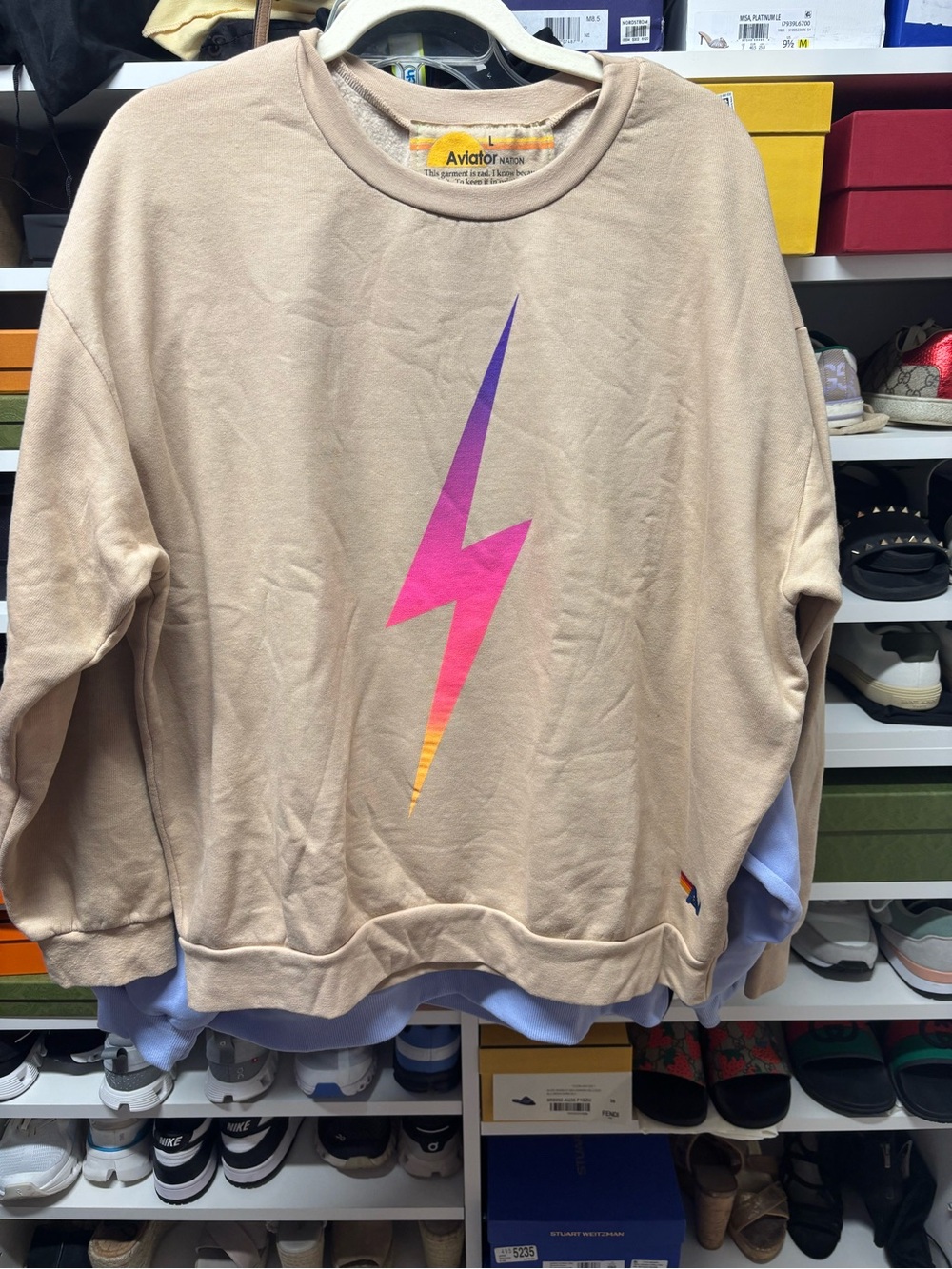 Aviator Nation Beige Sweatshirt with Pink-Purple-Yellow Lightning Bolt